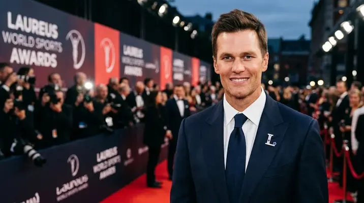 Tom Brady in a suit smiling on the red carpet at the Laureus World Sports Awards