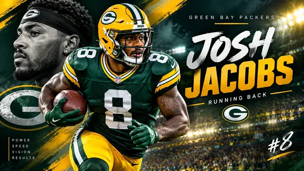 Josh Jacobs in a Green Bay Packers uniform during an NFL football feature graphic