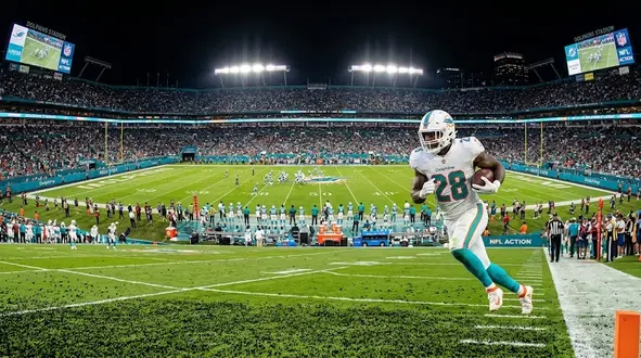 Miami Dolphins running back DeVon Achane running with the football during an NFL game.