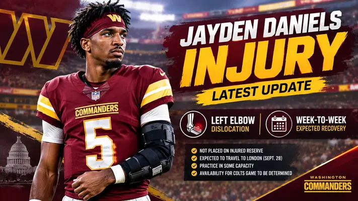 Jayden Daniels injury update featuring the Washington Commanders quarterback and the latest recovery news.