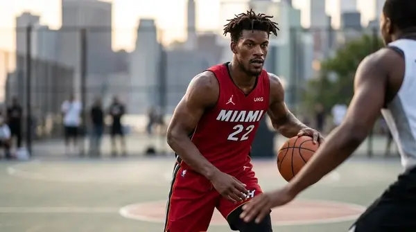 Miami Heat player Jimmy Butler (number 22) driving hard and dribbling a basketball with intense focus during a game.