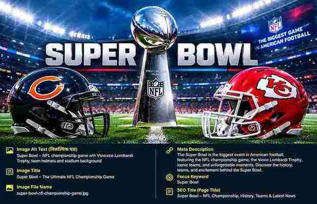 Super Bowl NFL championship game with Vince Lombardi Trophy and football helmets