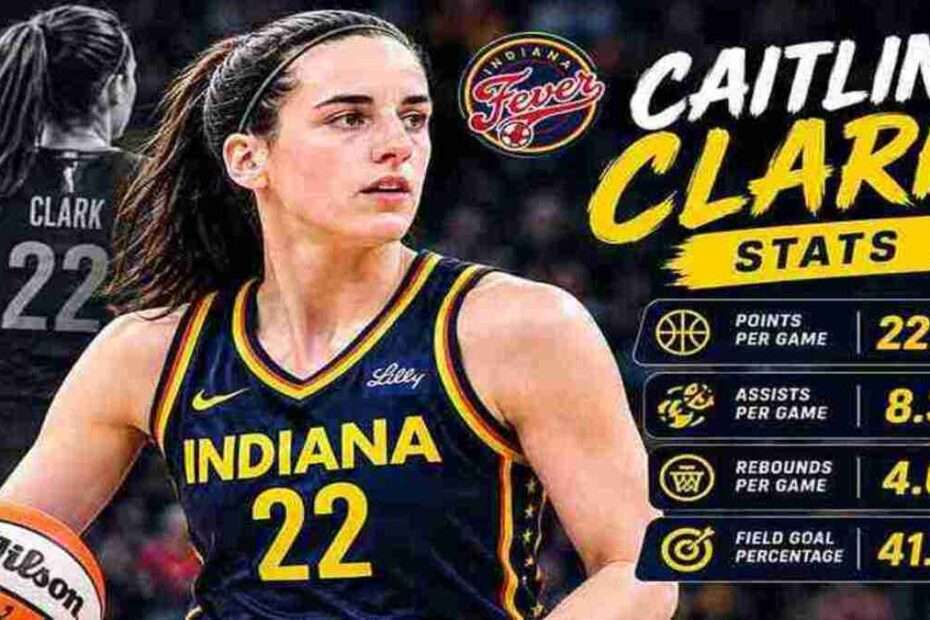 Caitlin Clark in her Indiana Fever jersey with basketball statistics and performance highlights.